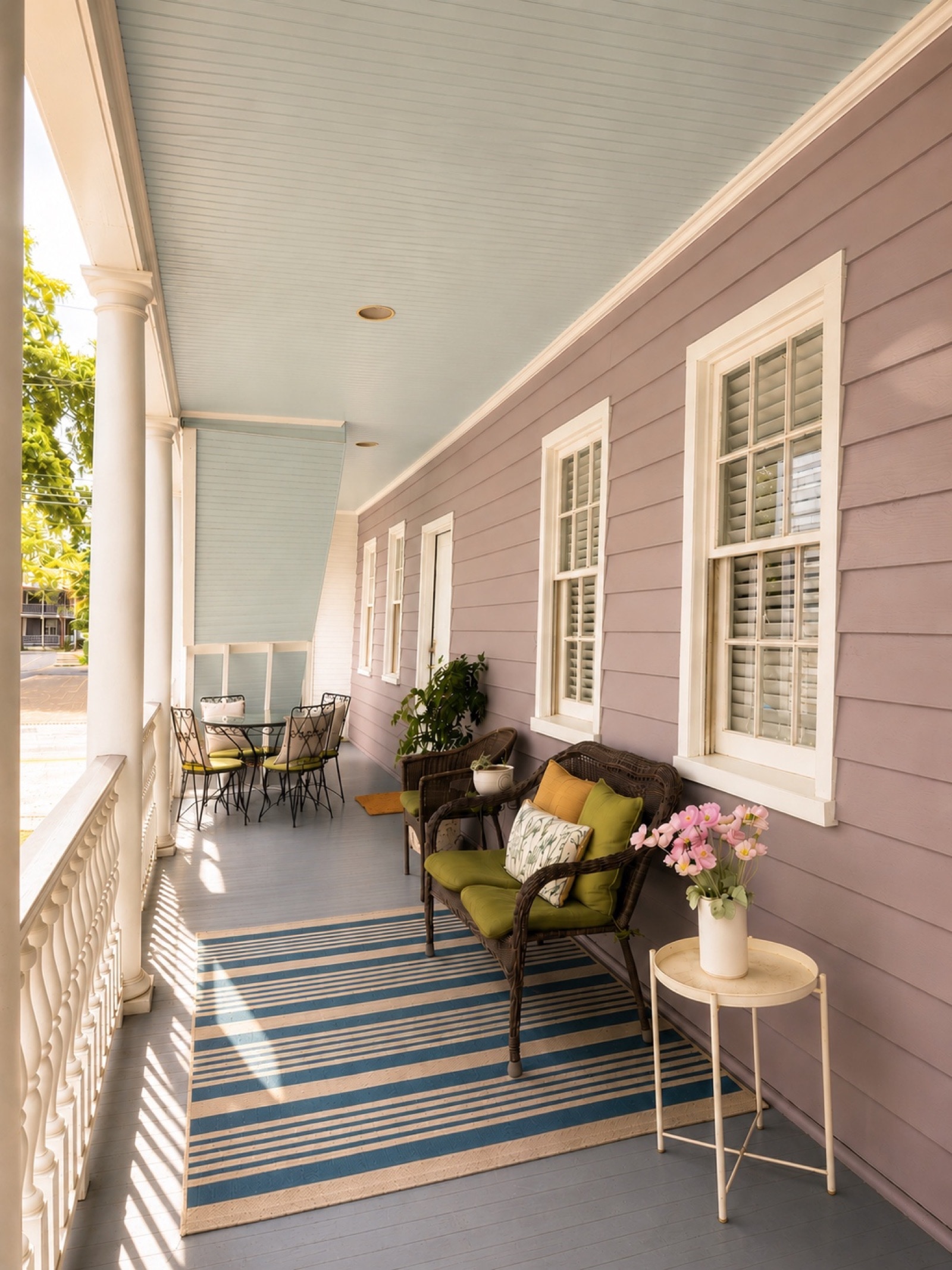 The piazza - haint-blue ceiling, striped rug, seating and dining along the length of the house