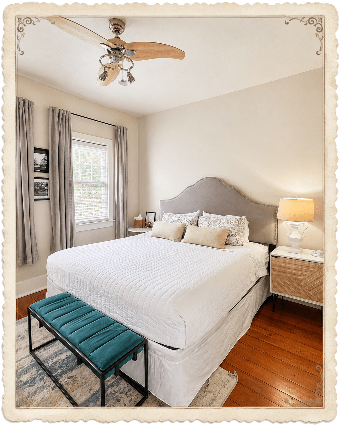 Master bedroom - king bed, gray tufted headboard, teal velvet bench, ceiling fan
