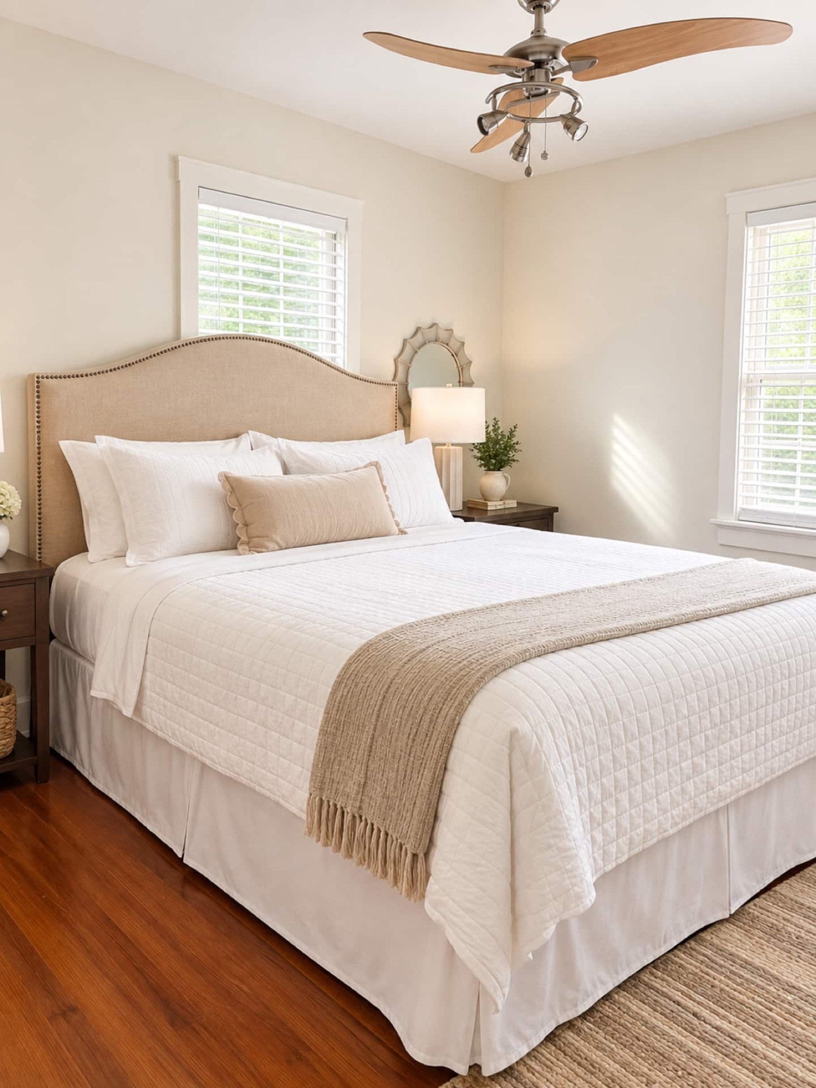 Queen bed with arched headboard, knit throw, and a ceiling fan above